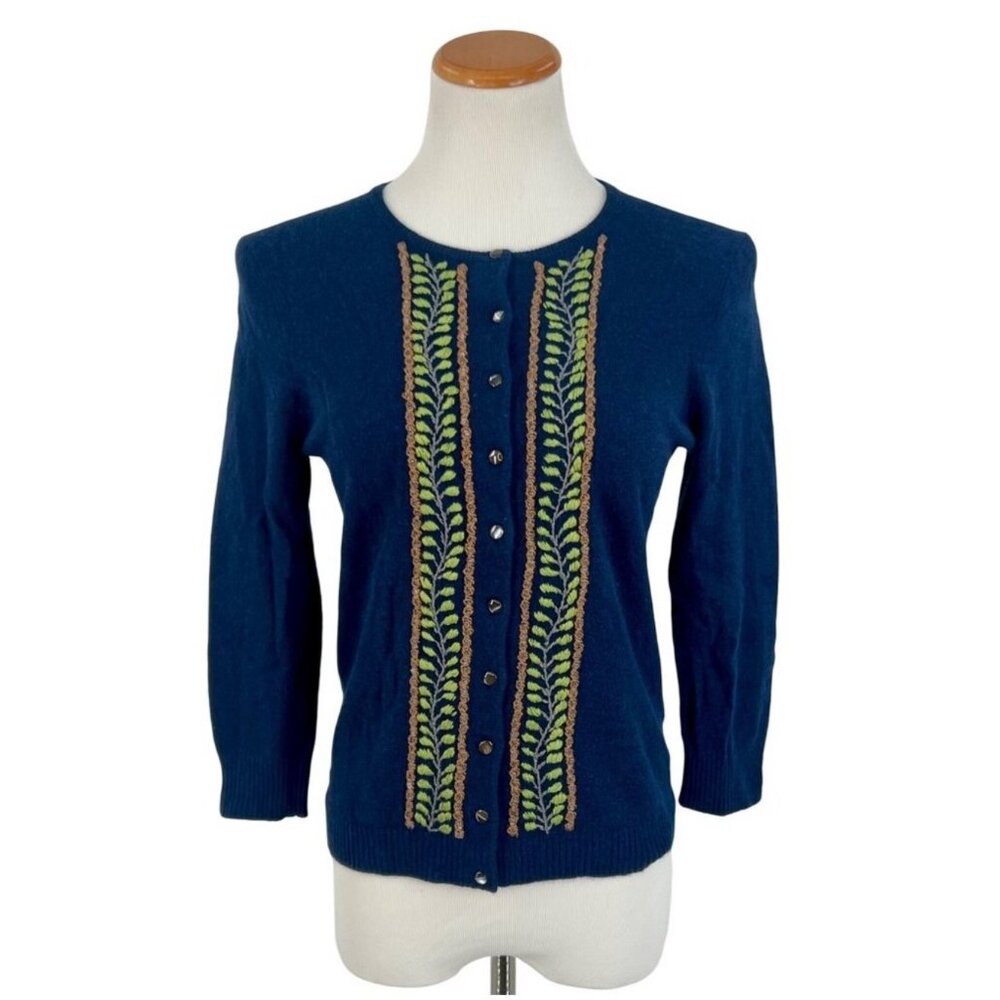 J. Crew Blue Embroidered & Beaded Cashmere Blend Button Front Cardigan • Preppy - Picture 13 of 14